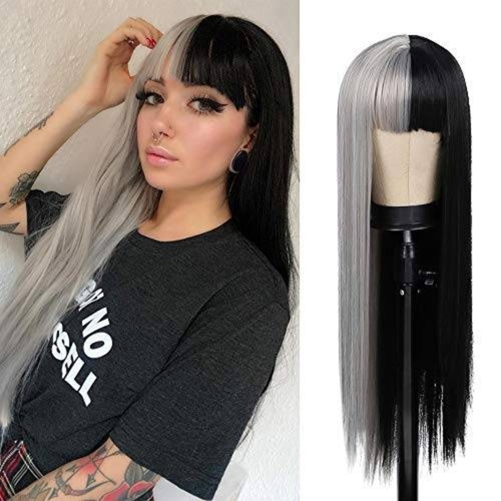 Long Straight Split Dye Wig Half Black Half Silver Grey with‎ Bangs Cosplay Hair